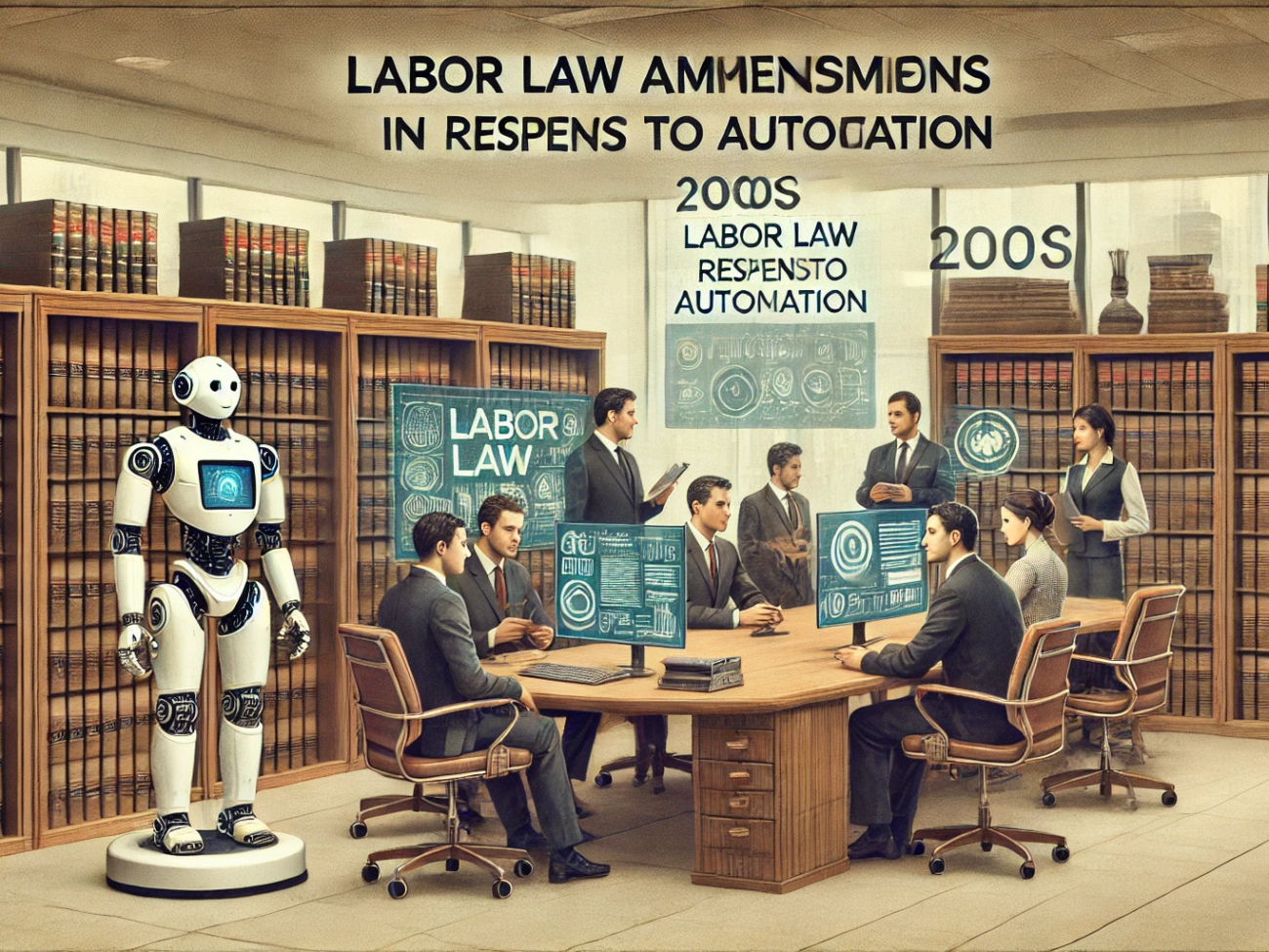 DALL·E 2024-06-29 09.49.28 - A 2000s style legal office environment with muted colors, showcasing discussions on labor law amendments in response to automation. Lawyers and policy