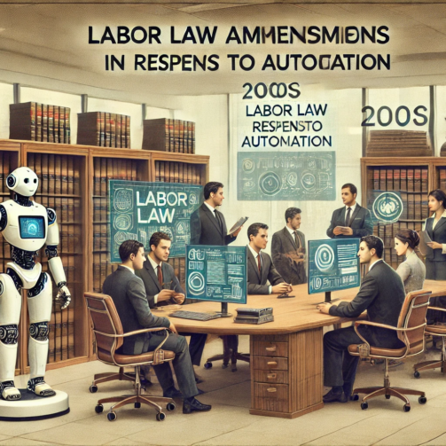 DALL·E 2024-06-29 09.49.28 - A 2000s style legal office environment with muted colors, showcasing discussions on labor law amendments in response to automation. Lawyers and policy