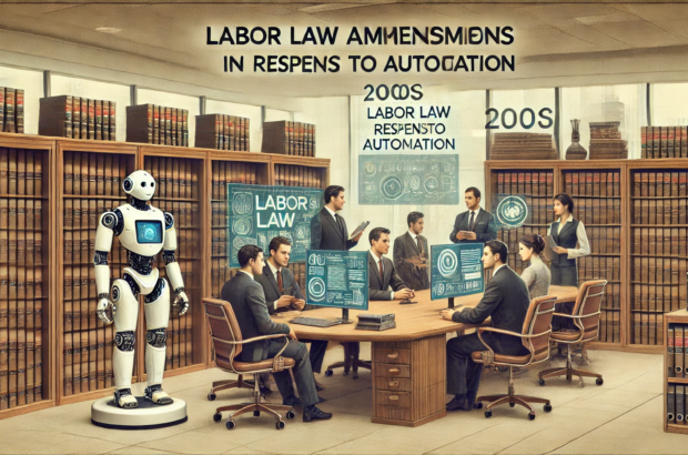 DALL·E 2024-06-29 09.49.28 - A 2000s style legal office environment with muted colors, showcasing discussions on labor law amendments in response to automation. Lawyers and policy