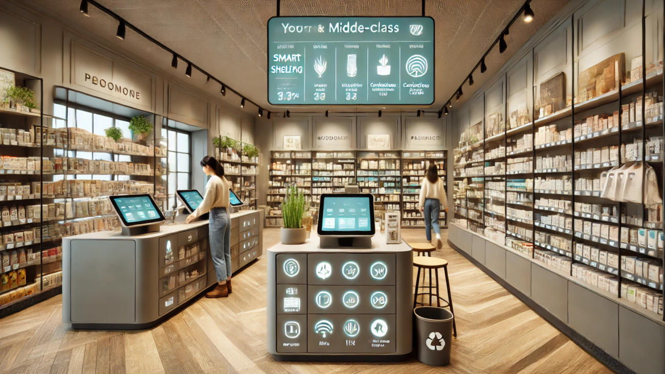 DALL·E 2024-06-29 14.23.43 - A modern middle-class retail shop with muted colors in a 2000s vibe. The shop features smart shelving with digital displays showing product informatio