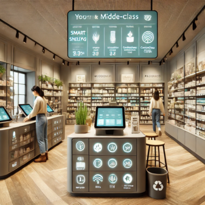 DALL·E 2024-06-29 14.23.43 - A modern middle-class retail shop with muted colors in a 2000s vibe. The shop features smart shelving with digital displays showing product informatio