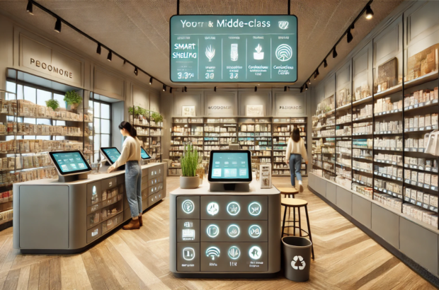 DALL·E 2024-06-29 14.23.43 - A modern middle-class retail shop with muted colors in a 2000s vibe. The shop features smart shelving with digital displays showing product informatio