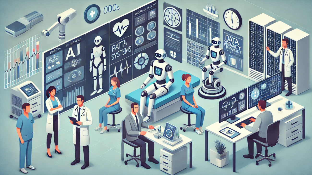 DALL·E 2024-06-29 16.34.22 - A modern hospital scene showing the integration of AI and robotics into health information systems. Medical staff are interacting with digital screens