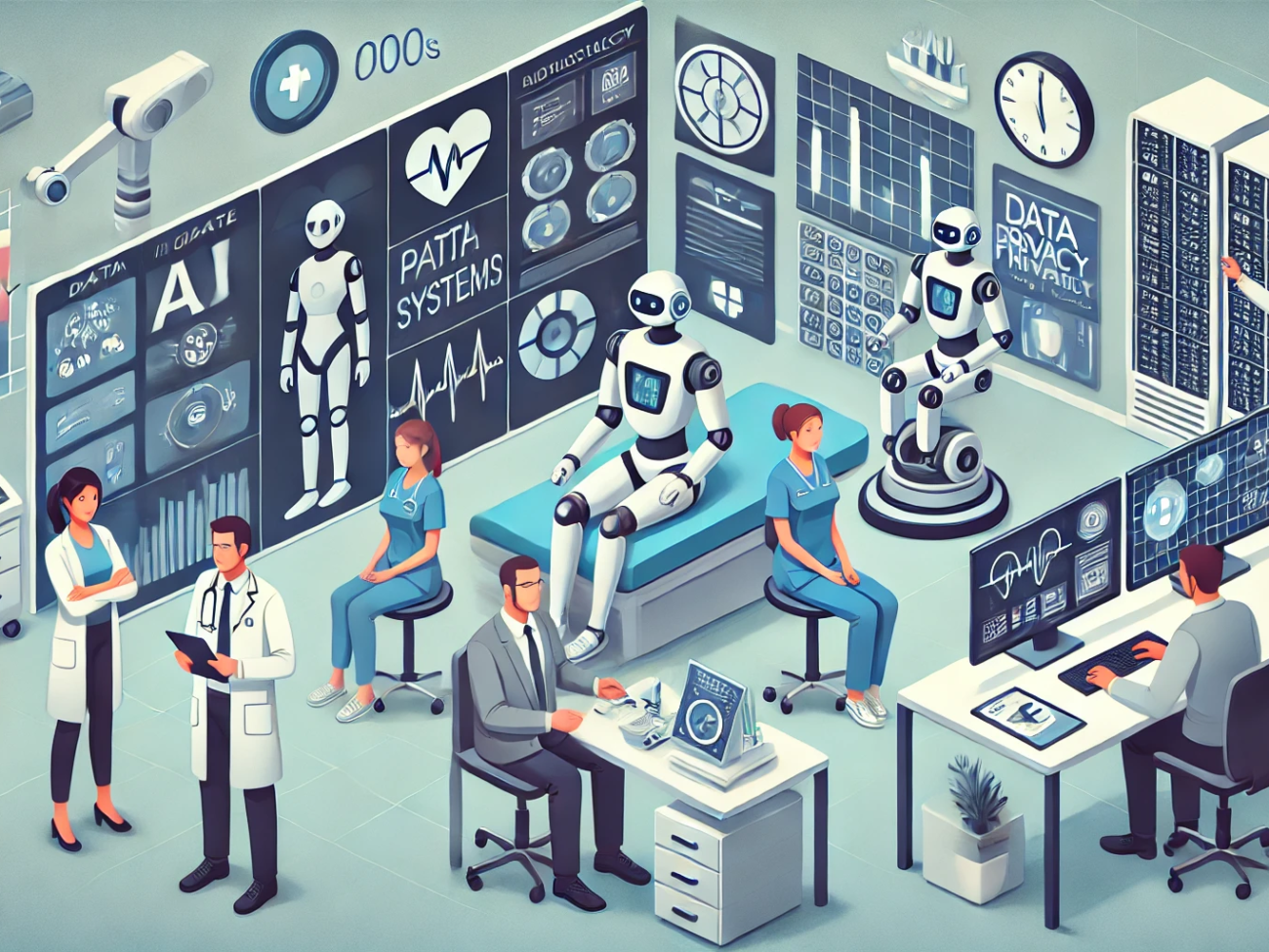 DALL·E 2024-06-29 16.34.22 - A modern hospital scene showing the integration of AI and robotics into health information systems. Medical staff are interacting with digital screens