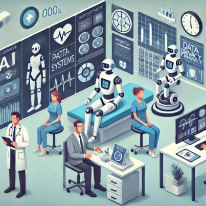 DALL·E 2024-06-29 16.34.22 - A modern hospital scene showing the integration of AI and robotics into health information systems. Medical staff are interacting with digital screens