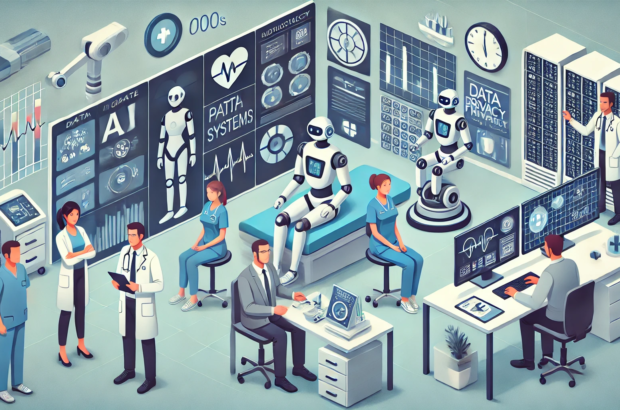 DALL·E 2024-06-29 16.34.22 - A modern hospital scene showing the integration of AI and robotics into health information systems. Medical staff are interacting with digital screens