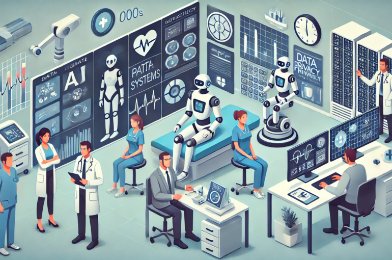 DALL·E 2024-06-29 16.34.22 - A modern hospital scene showing the integration of AI and robotics into health information systems. Medical staff are interacting with digital screens