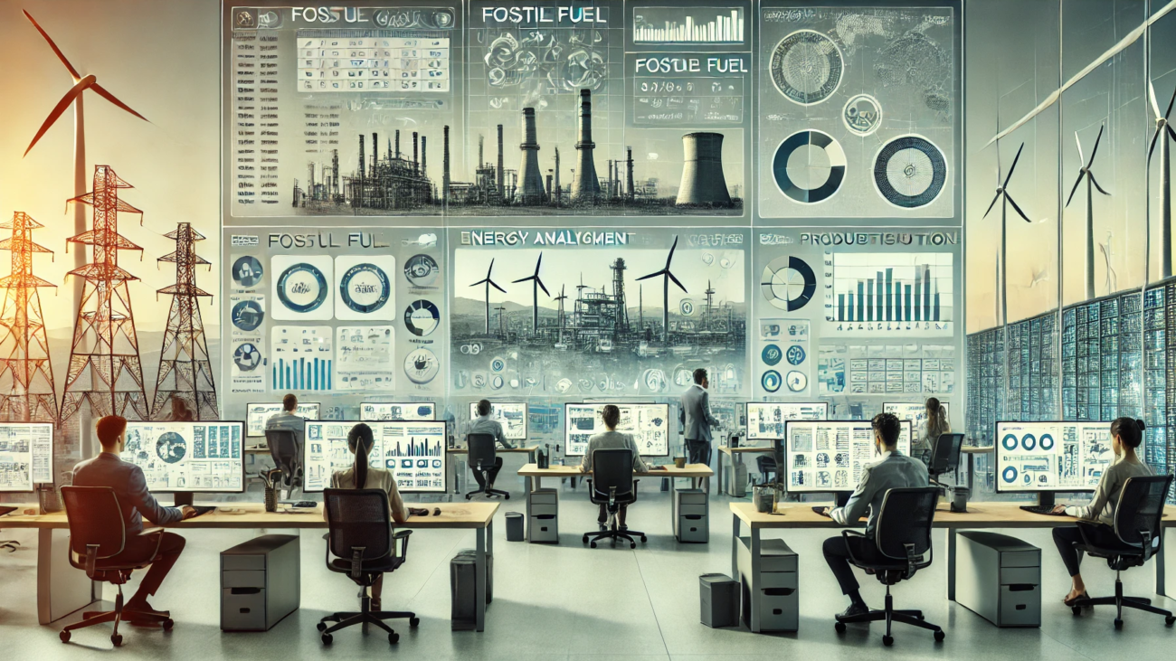 DALL·E 2024-06-29 16.54.47 - An integrated energy management hub with engineers and analysts working on computers and monitoring large displays. The screens show data analytics fo