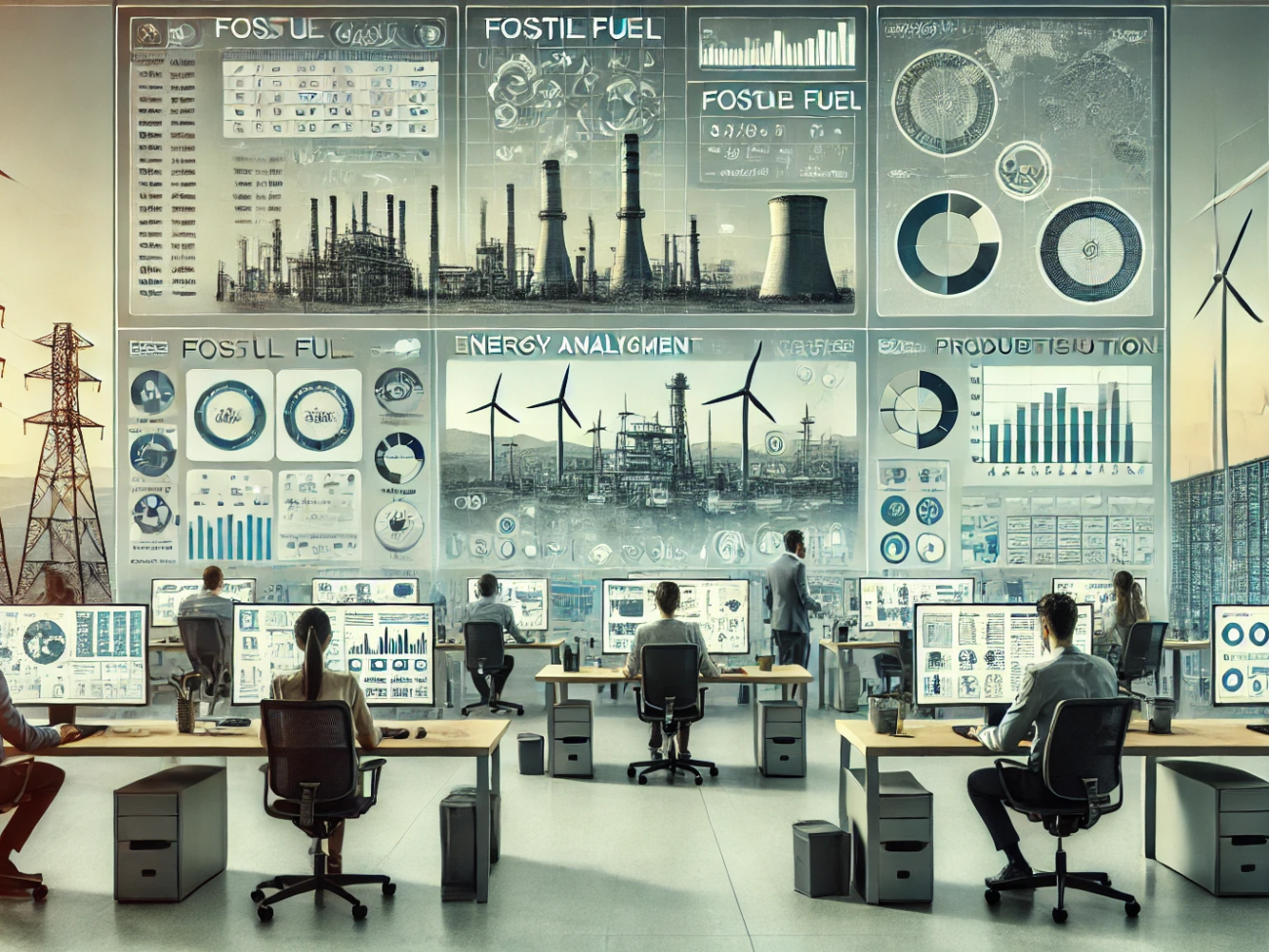 DALL·E 2024-06-29 16.54.47 - An integrated energy management hub with engineers and analysts working on computers and monitoring large displays. The screens show data analytics fo