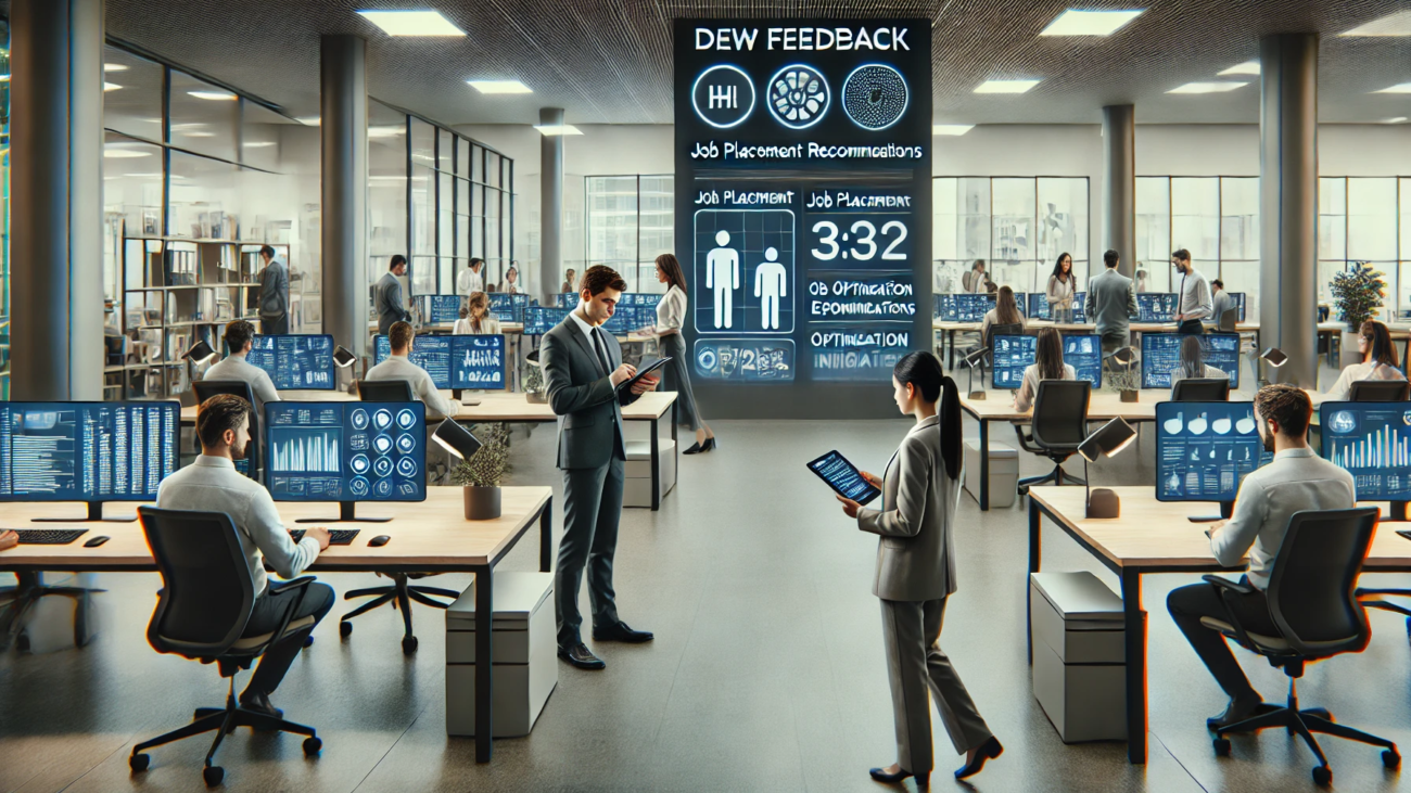 DALL·E 2024-06-29 17.05.48 - A modern office environment where new employees are using tablets to provide daily feedback about their experiences in various departments. The office