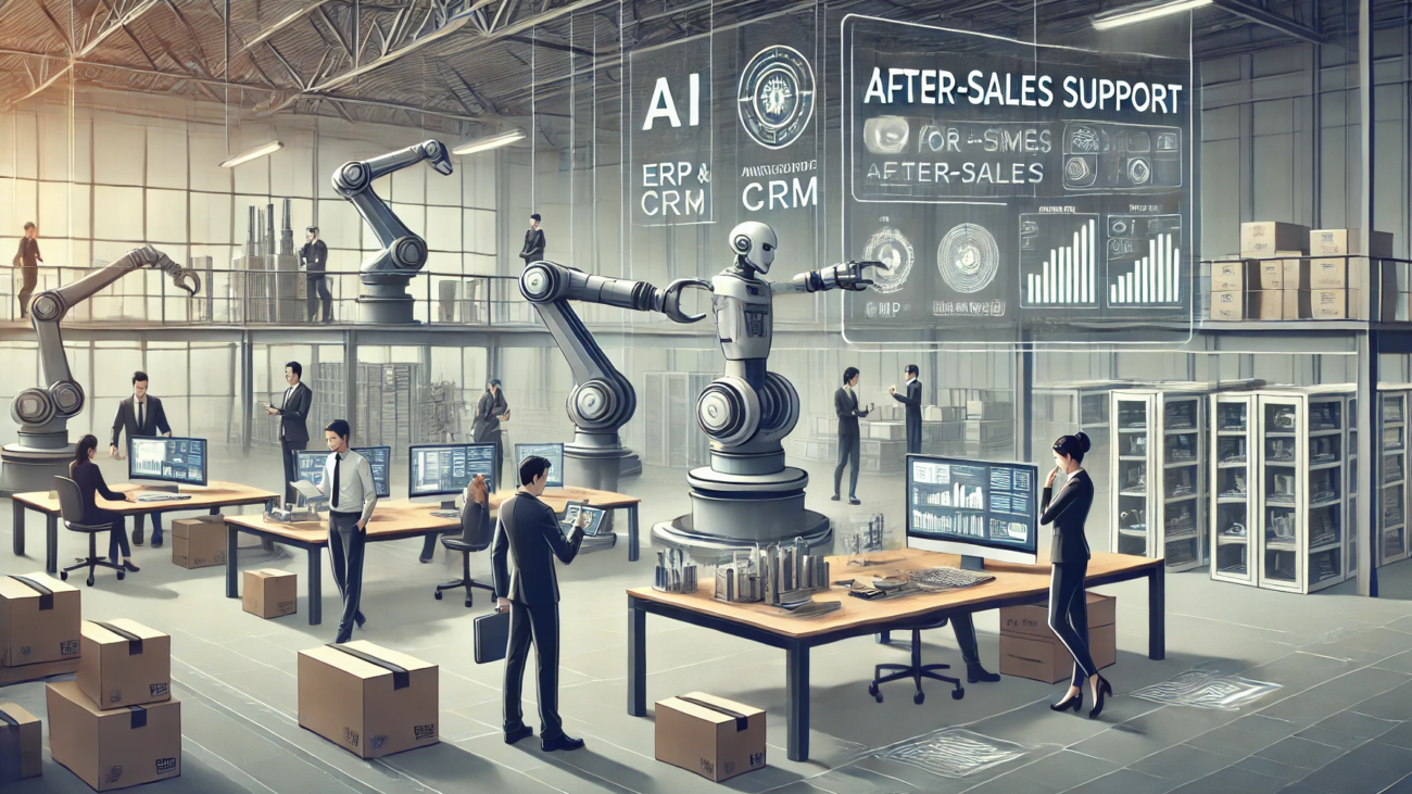 DALL·E 2024-06-29 17.20.20 - A high-tech office setting where AI and robotics are integrated into after-sales support for SMEs. The scene shows a team of employees interacting wit