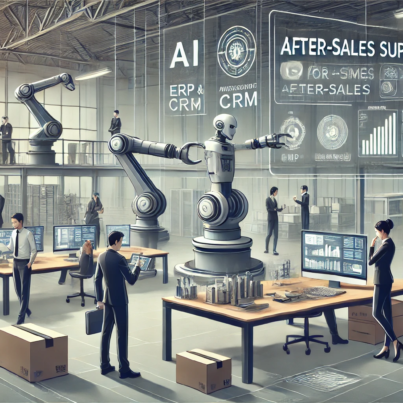 DALL·E 2024-06-29 17.20.20 - A high-tech office setting where AI and robotics are integrated into after-sales support for SMEs. The scene shows a team of employees interacting wit