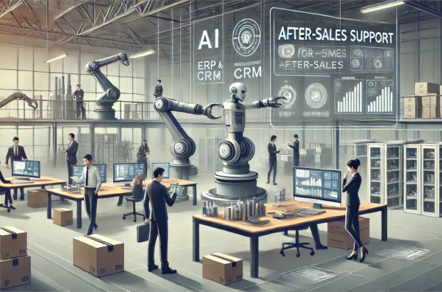 DALL·E 2024-06-29 17.20.20 - A high-tech office setting where AI and robotics are integrated into after-sales support for SMEs. The scene shows a team of employees interacting wit