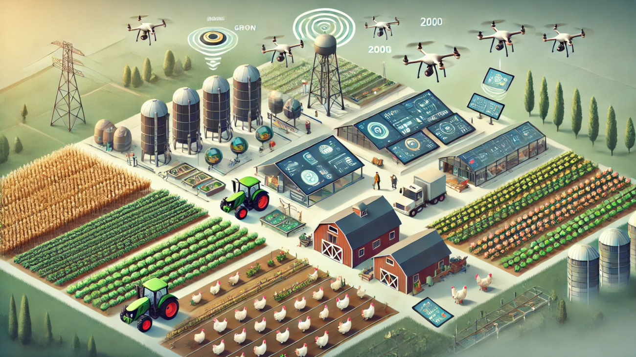 DALL·E 2024-06-29 17.42.37 - A modern farm integrating digital infrastructure with a focus on grains, vegetables, animal stock, and poultry. The scene includes smart tractors and