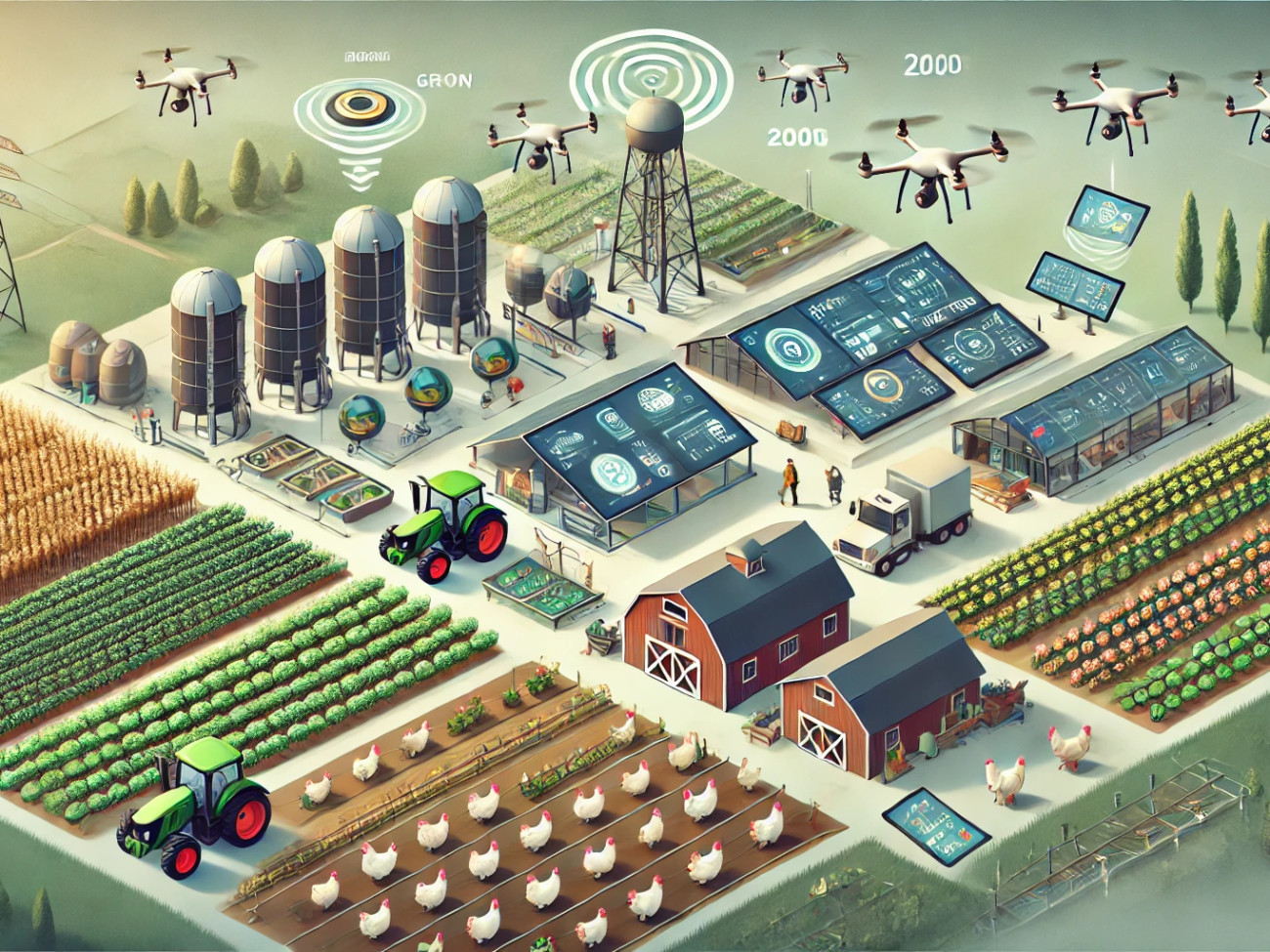 DALL·E 2024-06-29 17.42.37 - A modern farm integrating digital infrastructure with a focus on grains, vegetables, animal stock, and poultry. The scene includes smart tractors and