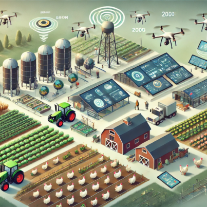 DALL·E 2024-06-29 17.42.37 - A modern farm integrating digital infrastructure with a focus on grains, vegetables, animal stock, and poultry. The scene includes smart tractors and