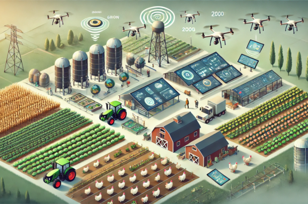 DALL·E 2024-06-29 17.42.37 - A modern farm integrating digital infrastructure with a focus on grains, vegetables, animal stock, and poultry. The scene includes smart tractors and