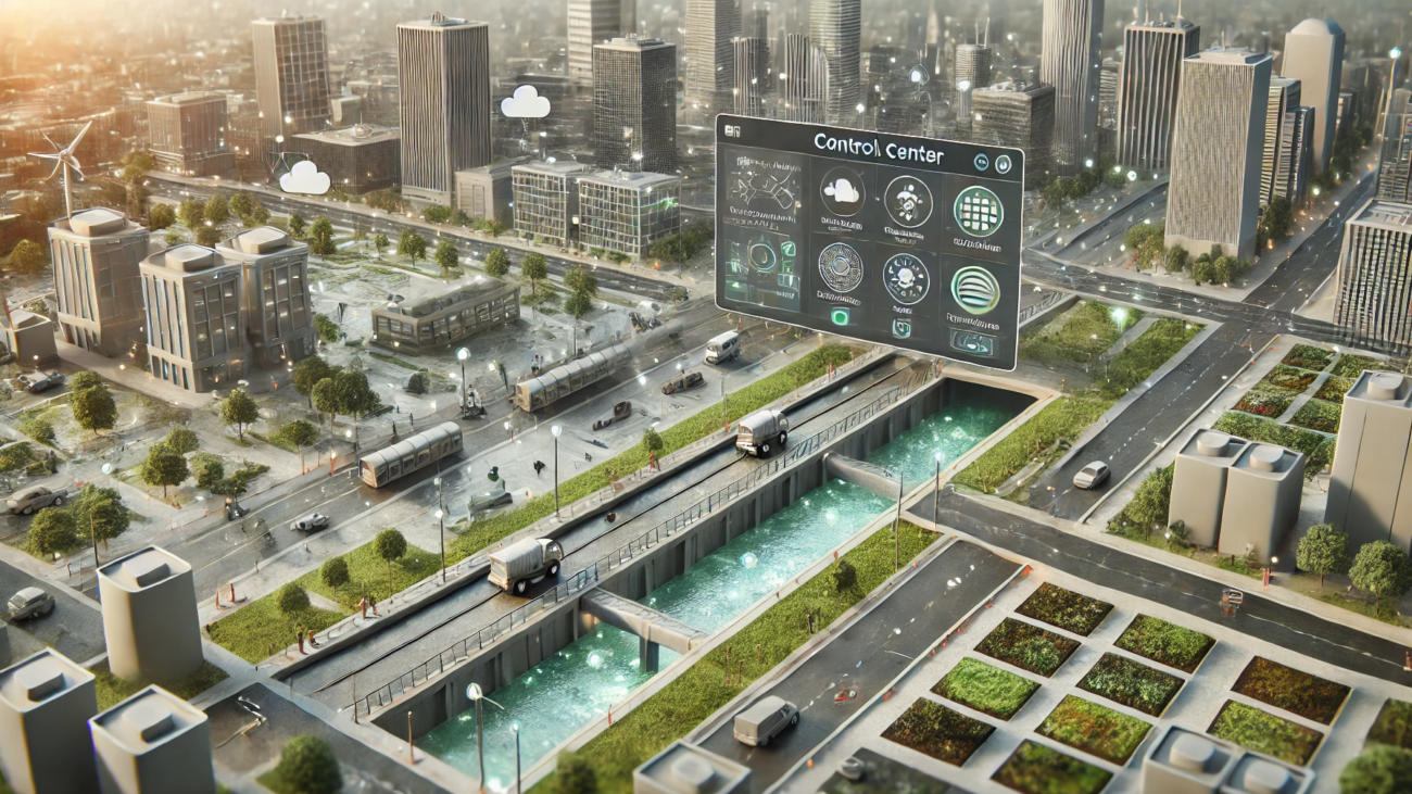 DALL·E 2024-06-29 17.58.11 - A high-tech urban area focused on flood management. The image includes advanced underground drainage systems, robotic cleaners in action, and IoT sens