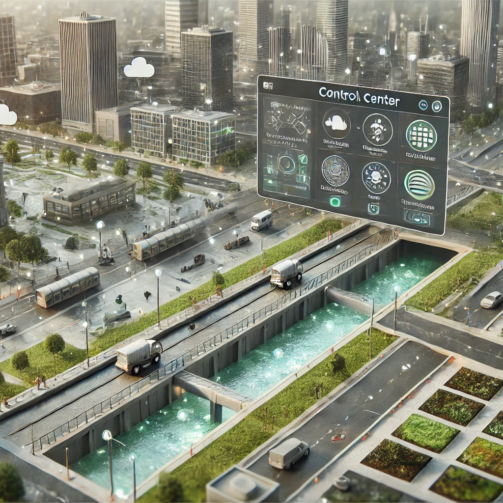 DALL·E 2024-06-29 17.58.11 - A high-tech urban area focused on flood management. The image includes advanced underground drainage systems, robotic cleaners in action, and IoT sens