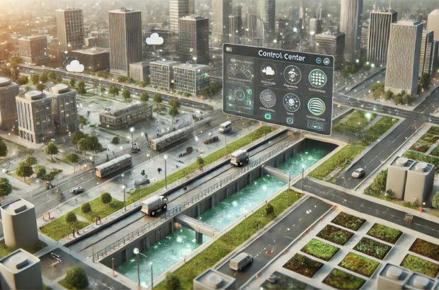 DALL·E 2024-06-29 17.58.11 - A high-tech urban area focused on flood management. The image includes advanced underground drainage systems, robotic cleaners in action, and IoT sens