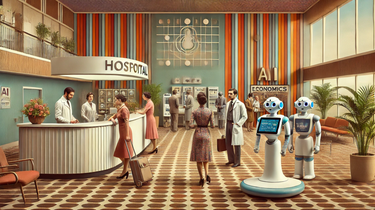 DALL·E 2024-07-03 09.59.21 - A 1970s-themed wide image depicting the transformation of a hospital with AI and automation. The scene includes a blend of retro and futuristic elemen