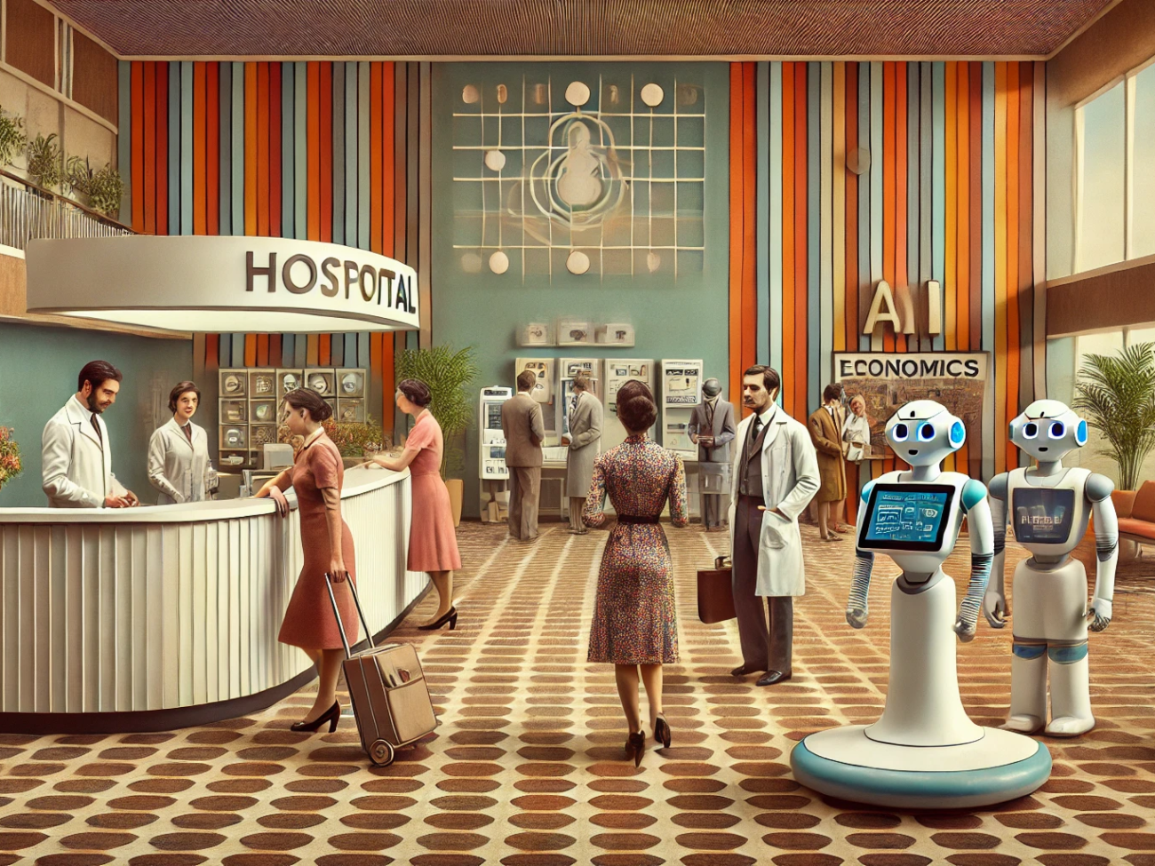 DALL·E 2024-07-03 09.59.21 - A 1970s-themed wide image depicting the transformation of a hospital with AI and automation. The scene includes a blend of retro and futuristic elemen