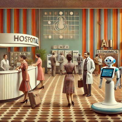 DALL·E 2024-07-03 09.59.21 - A 1970s-themed wide image depicting the transformation of a hospital with AI and automation. The scene includes a blend of retro and futuristic elemen