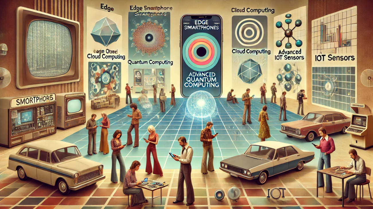 DALL·E 2024-07-03 10.12.44 - A 1970s-themed wide image depicting the evolution of smartphones in the future with edge quantum computing, advanced cloud computing, and IoT sensors