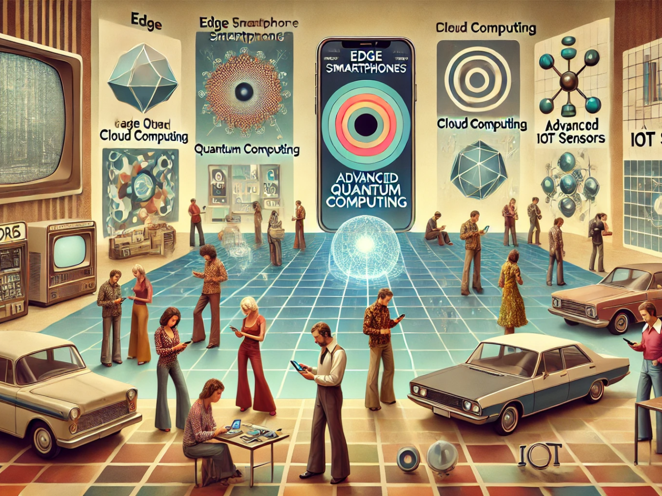 DALL·E 2024-07-03 10.12.44 - A 1970s-themed wide image depicting the evolution of smartphones in the future with edge quantum computing, advanced cloud computing, and IoT sensors