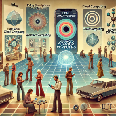 DALL·E 2024-07-03 10.12.44 - A 1970s-themed wide image depicting the evolution of smartphones in the future with edge quantum computing, advanced cloud computing, and IoT sensors