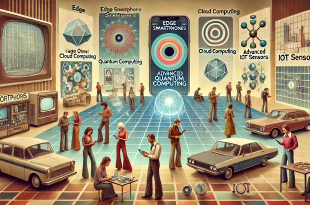 DALL·E 2024-07-03 10.12.44 - A 1970s-themed wide image depicting the evolution of smartphones in the future with edge quantum computing, advanced cloud computing, and IoT sensors