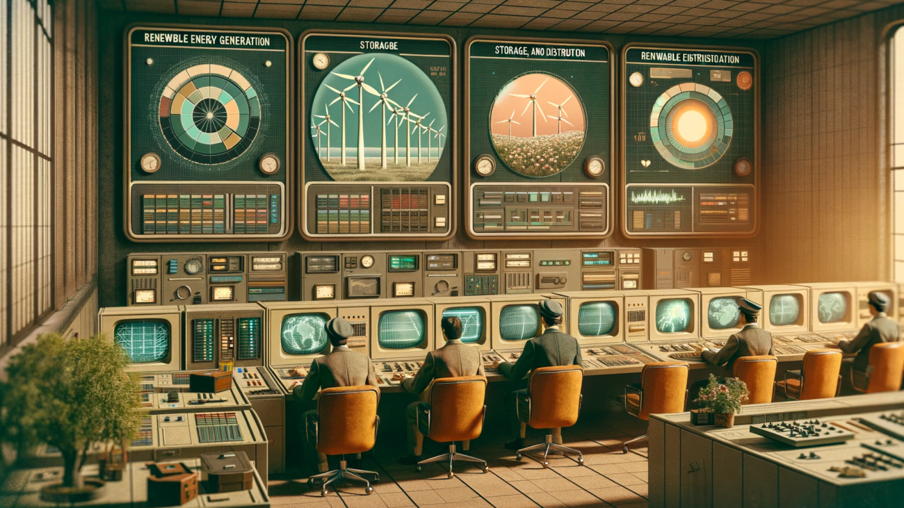 DALL·E 2024-07-03 10.21.52 - A 1970s-themed wide realistic image with muted colors depicting the management of digital resources with renewable energy generation, storage, and dis