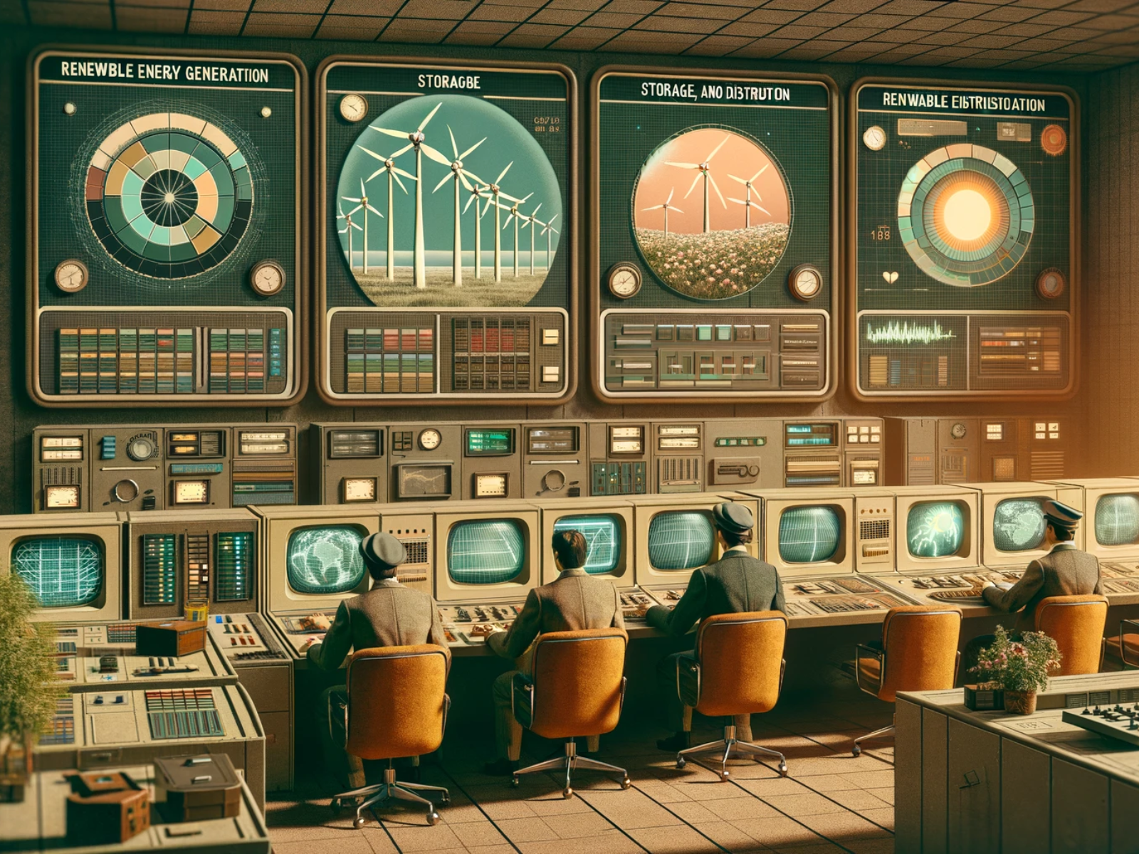 DALL·E 2024-07-03 10.21.52 - A 1970s-themed wide realistic image with muted colors depicting the management of digital resources with renewable energy generation, storage, and dis