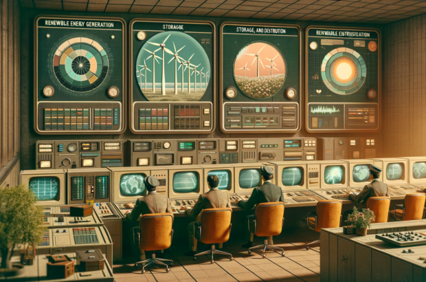 DALL·E 2024-07-03 10.21.52 - A 1970s-themed wide realistic image with muted colors depicting the management of digital resources with renewable energy generation, storage, and dis