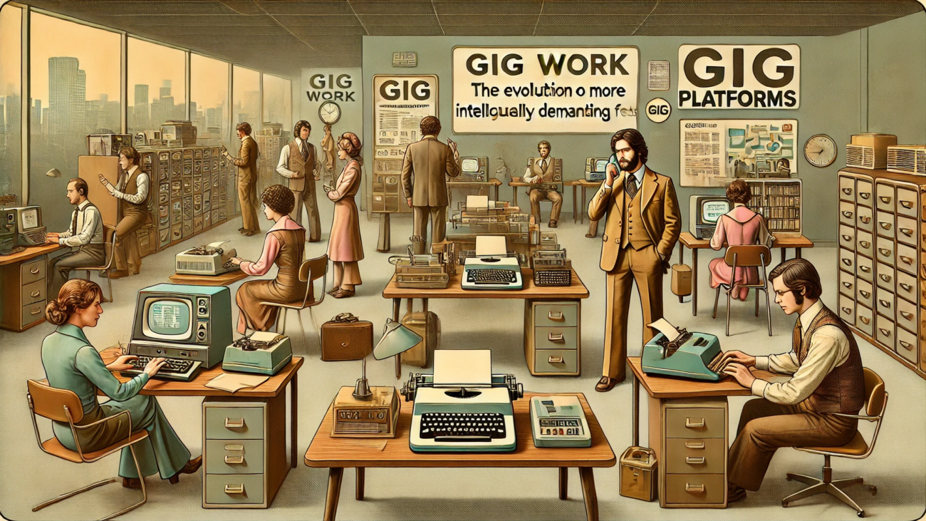 DALL·E 2024-07-03 10.31.53 - A 1970s-themed wide realistic image with muted colors depicting the evolution of gig work into more intellectually demanding fields. The scene shows a