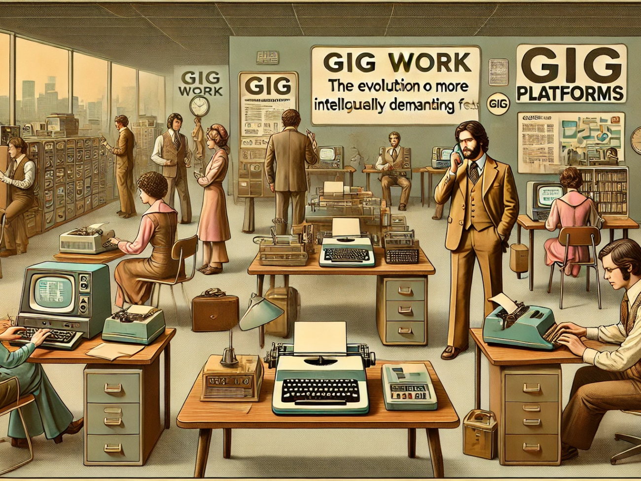 DALL·E 2024-07-03 10.31.53 - A 1970s-themed wide realistic image with muted colors depicting the evolution of gig work into more intellectually demanding fields. The scene shows a