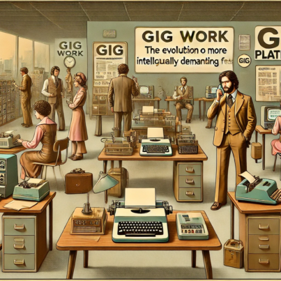DALL·E 2024-07-03 10.31.53 - A 1970s-themed wide realistic image with muted colors depicting the evolution of gig work into more intellectually demanding fields. The scene shows a