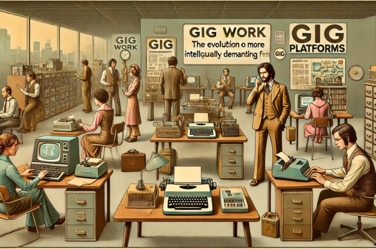 DALL·E 2024-07-03 10.31.53 - A 1970s-themed wide realistic image with muted colors depicting the evolution of gig work into more intellectually demanding fields. The scene shows a