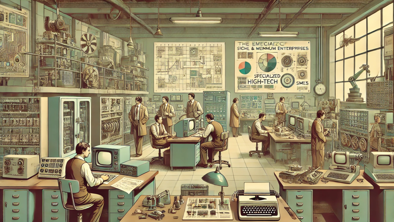 DALL·E 2024-07-03 10.40.35 - A 1970s-themed wide realistic image with muted colors depicting the emergence of high-tech small and medium enterprises (SMEs) specializing in complex