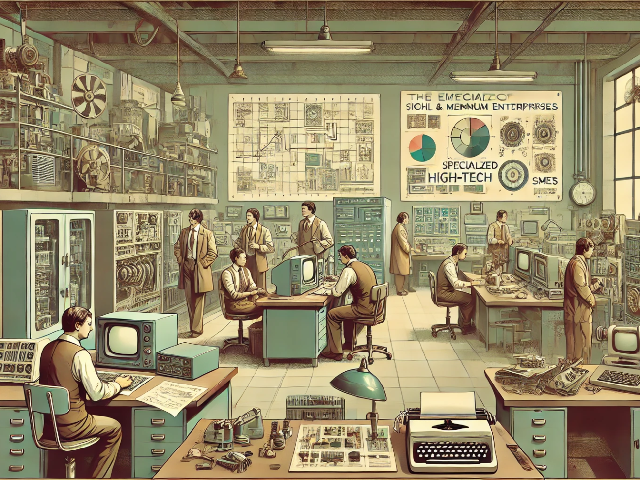 DALL·E 2024-07-03 10.40.35 - A 1970s-themed wide realistic image with muted colors depicting the emergence of high-tech small and medium enterprises (SMEs) specializing in complex