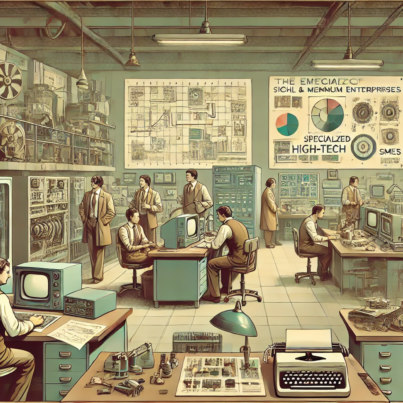 DALL·E 2024-07-03 10.40.35 - A 1970s-themed wide realistic image with muted colors depicting the emergence of high-tech small and medium enterprises (SMEs) specializing in complex