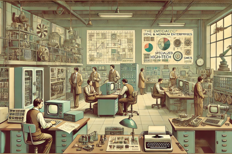 DALL·E 2024-07-03 10.40.35 - A 1970s-themed wide realistic image with muted colors depicting the emergence of high-tech small and medium enterprises (SMEs) specializing in complex