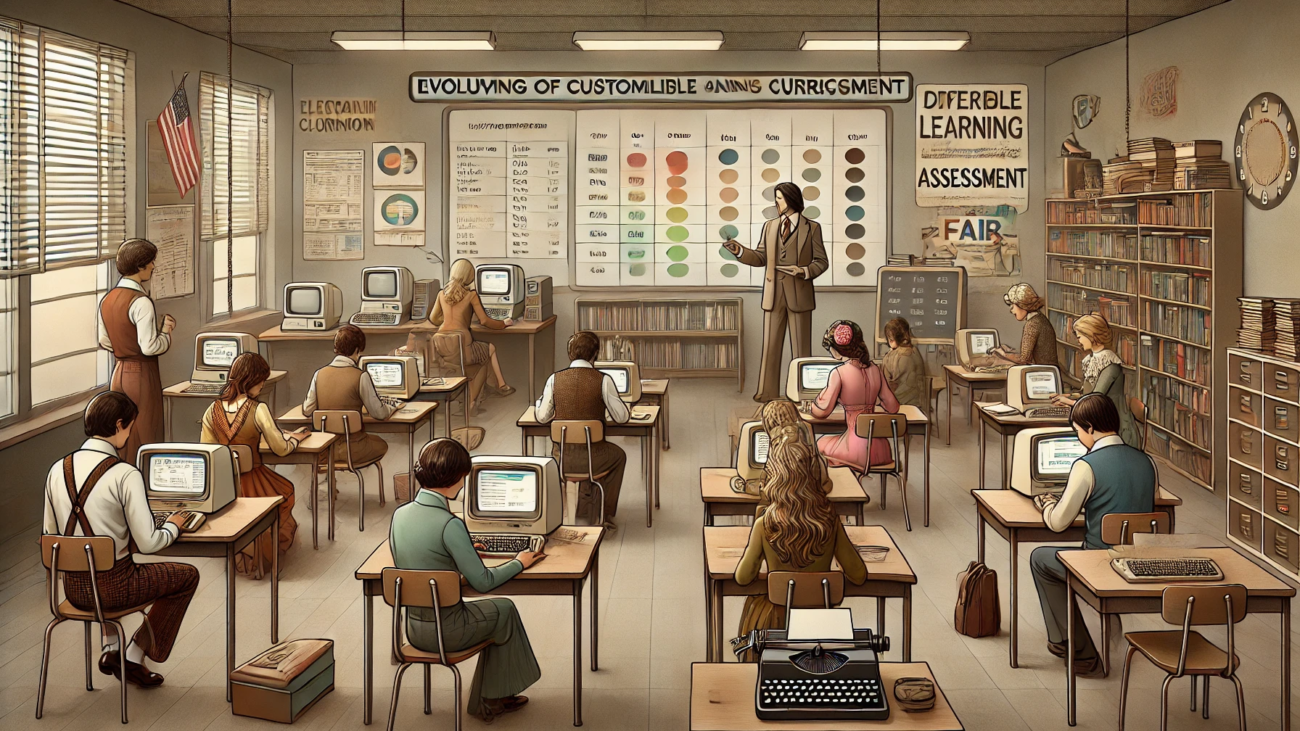 DALL·E 2024-07-03 10.46.56 - A 1970s-themed wide realistic image with muted colors depicting the evolving nature of customizable school curricula and assessment. The scene feature