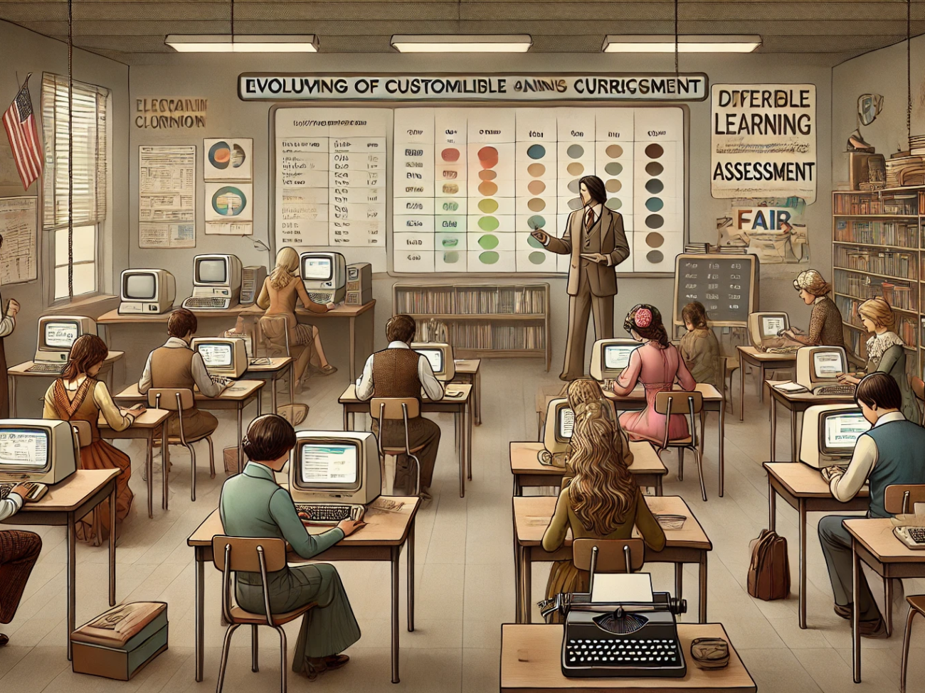 DALL·E 2024-07-03 10.46.56 - A 1970s-themed wide realistic image with muted colors depicting the evolving nature of customizable school curricula and assessment. The scene feature