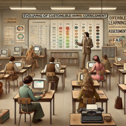 DALL·E 2024-07-03 10.46.56 - A 1970s-themed wide realistic image with muted colors depicting the evolving nature of customizable school curricula and assessment. The scene feature