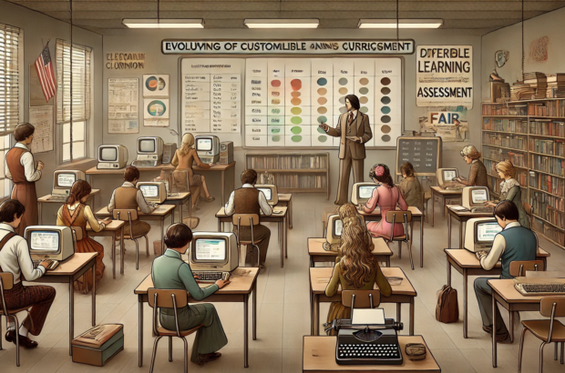 DALL·E 2024-07-03 10.46.56 - A 1970s-themed wide realistic image with muted colors depicting the evolving nature of customizable school curricula and assessment. The scene feature