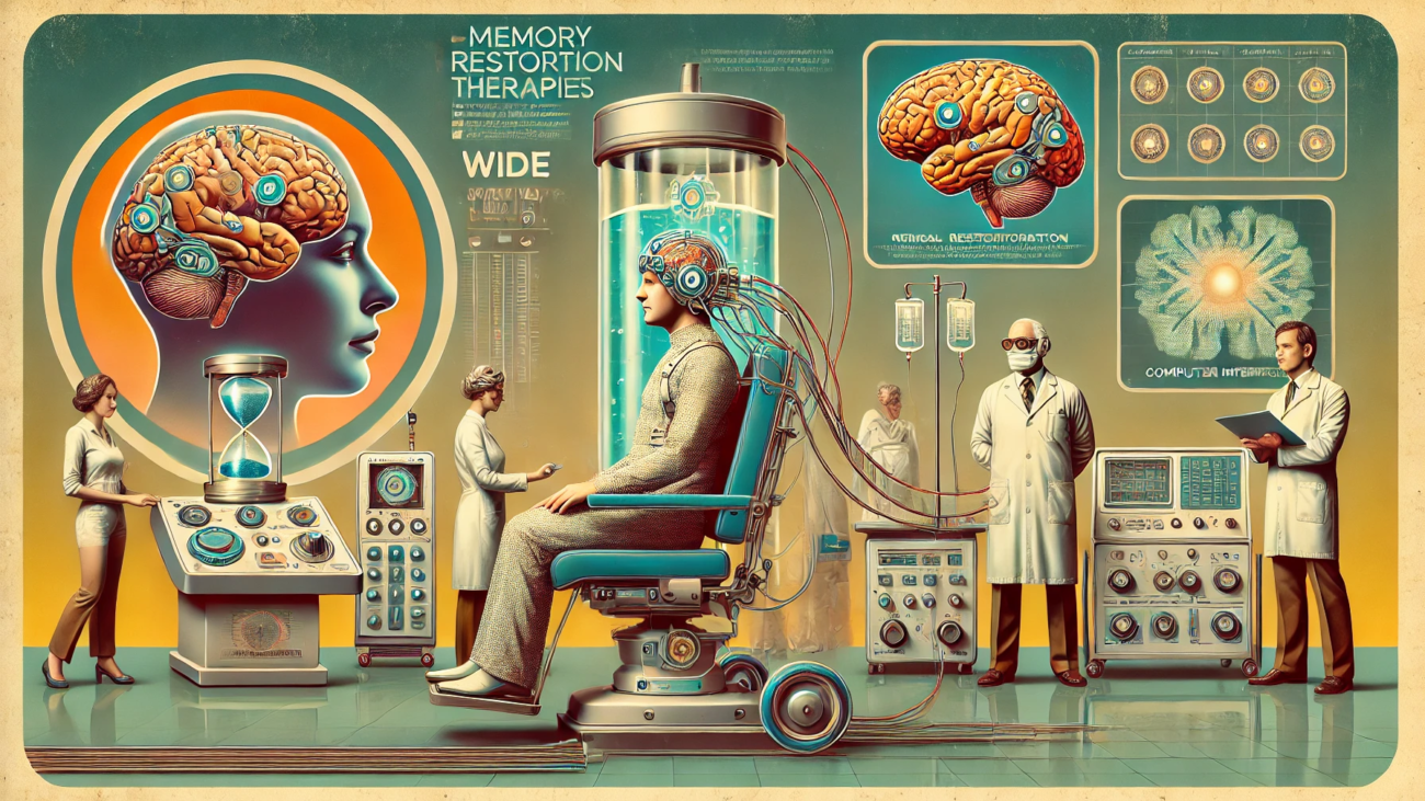 DALL·E 2024-07-03 15.33.28 - A 1970s-themed wide image depicting the concept of memory restoration therapies using advanced neurotechnology. The image features a retro-futuristic