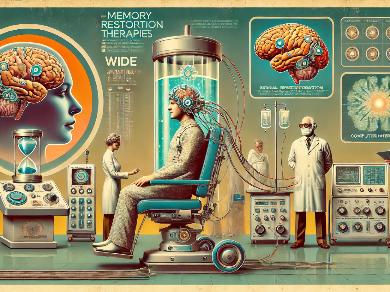 DALL·E 2024-07-03 15.33.28 - A 1970s-themed wide image depicting the concept of memory restoration therapies using advanced neurotechnology. The image features a retro-futuristic