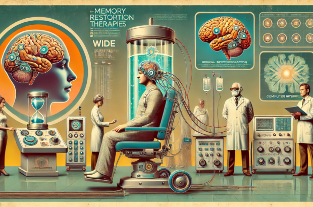 DALL·E 2024-07-03 15.33.28 - A 1970s-themed wide image depicting the concept of memory restoration therapies using advanced neurotechnology. The image features a retro-futuristic
