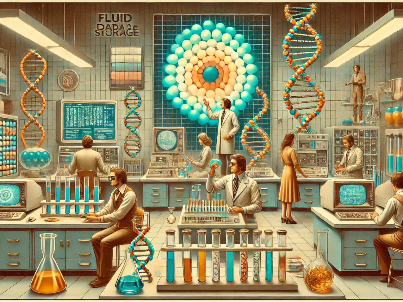 DALL·E 2024-07-03 15.38.58 - A 1970s-themed wide image depicting the concept of fluid data storage techniques. The image features a retro-futuristic lab with scientists in 1970s a